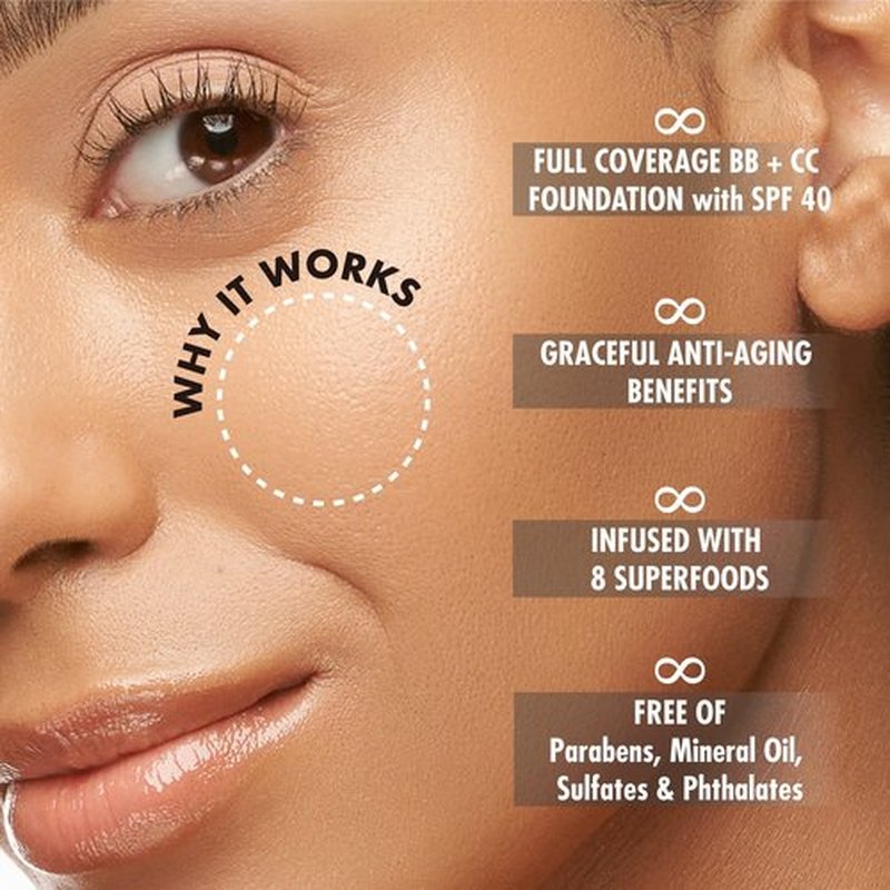 YENSA BC Foundation - Full Coverage, Skin Superfood, Hydrating Serum & SPF 40 Sunscreen (Medium Warm) 1 fl oz