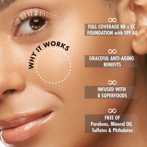 YENSA BC Foundation - Full Coverage, Skin Superfood, Hydrating Serum & SPF 40 Sunscreen (Deep Neutral) 1 fl oz