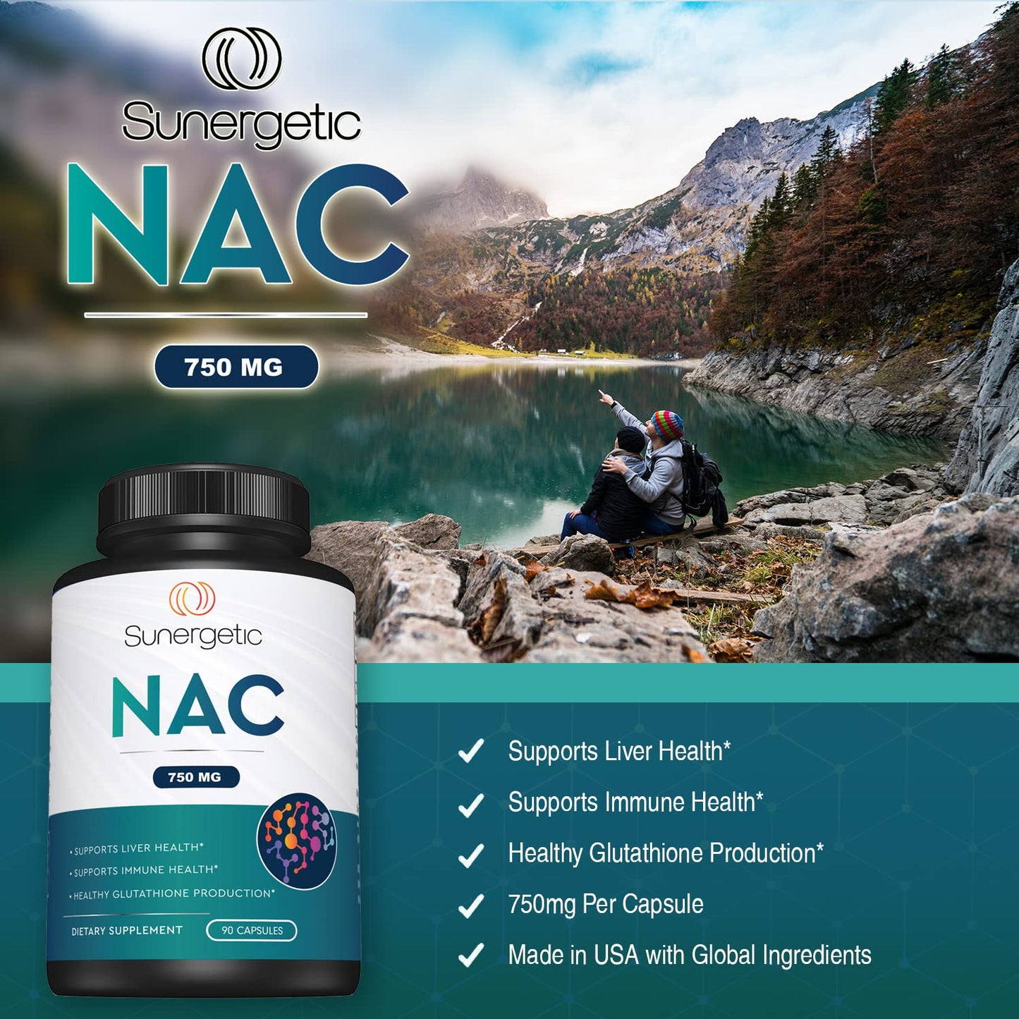 Sunergetic Premium NAC Supplement N-Acetyl Cysteine – 750mg Per Capsule – Supports Liver, Detox Immune, Cellular & Respiratory Health – 90 N Acetyl Cysteine Capsules