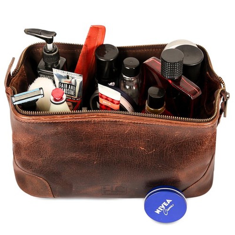 HLC Leather Toiletry Bag for Men - Best Gift for Men - Premium Genuine Leather Dopp Kit Shaving Kit Organizer Travel Kit Pouch Bag for Men - Large Size (Brown)