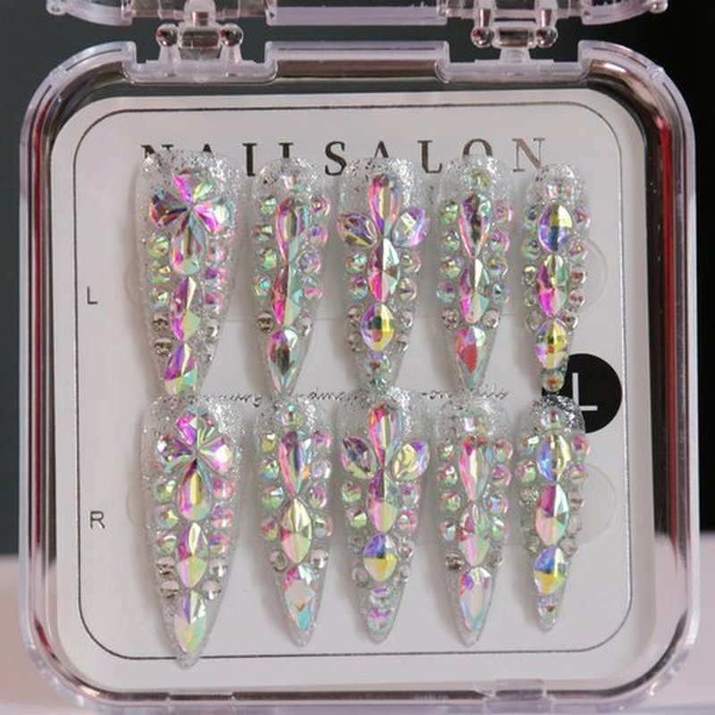 CAMILCY Handmade Nails Press on Almond Nail Pointed Silvery Full Diamond Crystal Glitter Design Hand painted Reusable Gel UV Finished Pre shaped False Nails for Women 10pcs 3D Handmade Nails (A033, L)