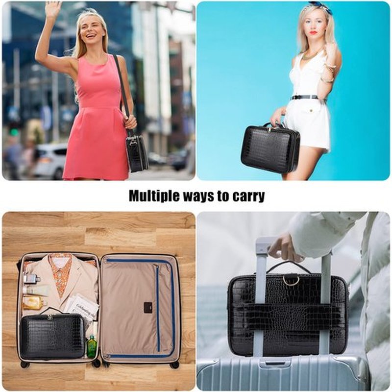 JOURMON Makeup Case 3 Layers Travel Makeup Train Case Crocodile Makeup Bag Organizer Portable Artist Storage Bag with Adjustable Dividers and Shoulder Strap