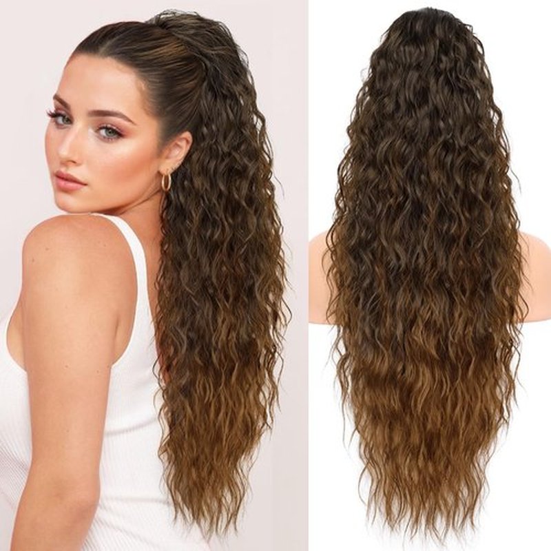KooKaStyle Ponytail Extension 30 Inch Drawstring Pony Tails Hair Extensions for Women Long Curly Ombre Brown to Ginger Ponytail Synthetic Hairpieces for Daily Use