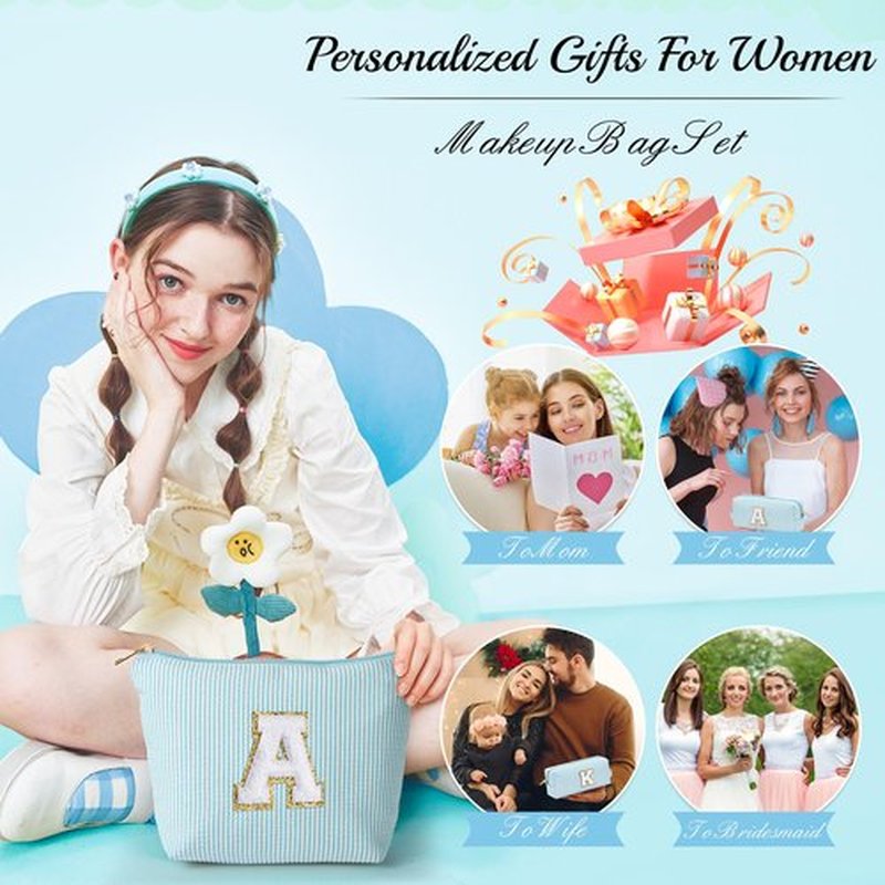 YOOLIFE Cute Makeup Bag for Girls Women - Cosmetic Bags for Teen Girl | Personalized Gifts for Women Her | Bridal Shower Gifts | Birthday Gifts for 3 4 5 6 7 8 9 10 11 12 13 Year Old Girls Initial A