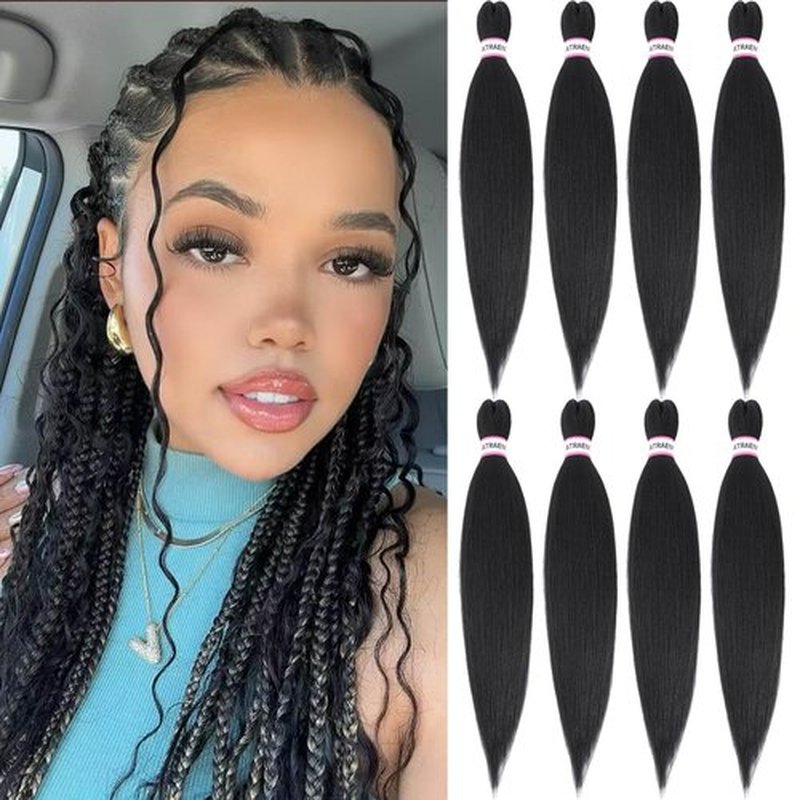 Prestretched Braiding Hair 20 Inch 8 Packs Black Braiding Hair Pre Stretched For Women Knotless Box Braids Hair Extension Yaki Texture Hot Water Setting Variety Styles Braiding Hair
