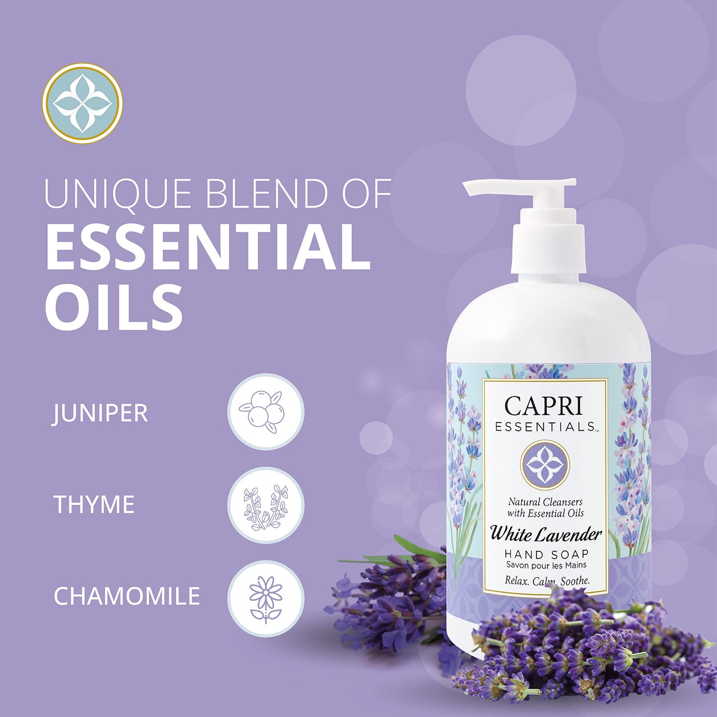 CAPRI ESSENTIALS Hand Soap Liquid, Natural Household Cleaning Supplies, Gentle Plant Based Aromatic Hand Wash with a Blend of Essential Oils, Removes Dirt & Grime, White Lavender Scent, 16 FL Oz