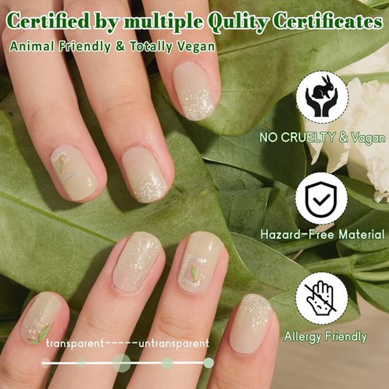 GelMala Semi Cured Gel Nail Strips Green Lily of The Valley Glitter Gel Nail Strips Long Lasting, Easy to Apply & Remove -Gel Strips for Nails Gel Nail Wraps，Easy for begginners (Muguet)