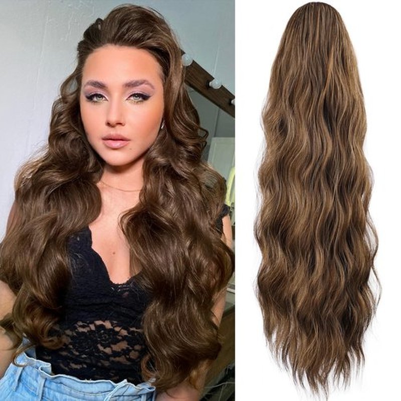 FREEMEIGE Women's 26 Inch Long Wavy Synthetic Ponytail Extension, Medium Brown Mix Natural Blonde
