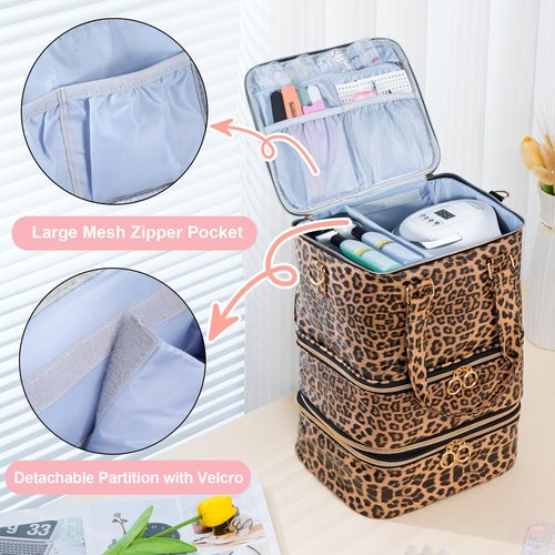 Uross Nail Polish Organizer Bag Holds 84 Bottles Nail Polish & Nail Lamp,Large Gel Nail Polish Organizers and Storage box for Nail Tech, Nail Kit Supplies Organizer Case - Leopard