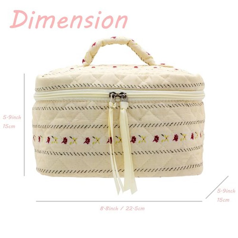 PAZIMIIK Cotton Makeup Bag for Women Large Quilted Travel Cosmetic Case Girls' Make Up Organizer,Little Flower Beige