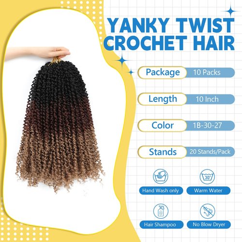 Passion Twsit Hair 10 Inch - 1B/30/27 Yankee Twist Crochet Hair 10Packs Passion Twist Braiding Hair Prelooped Mini Spring Twist Crochet Hair for Black Women(10 Inch,1B/30/27)
