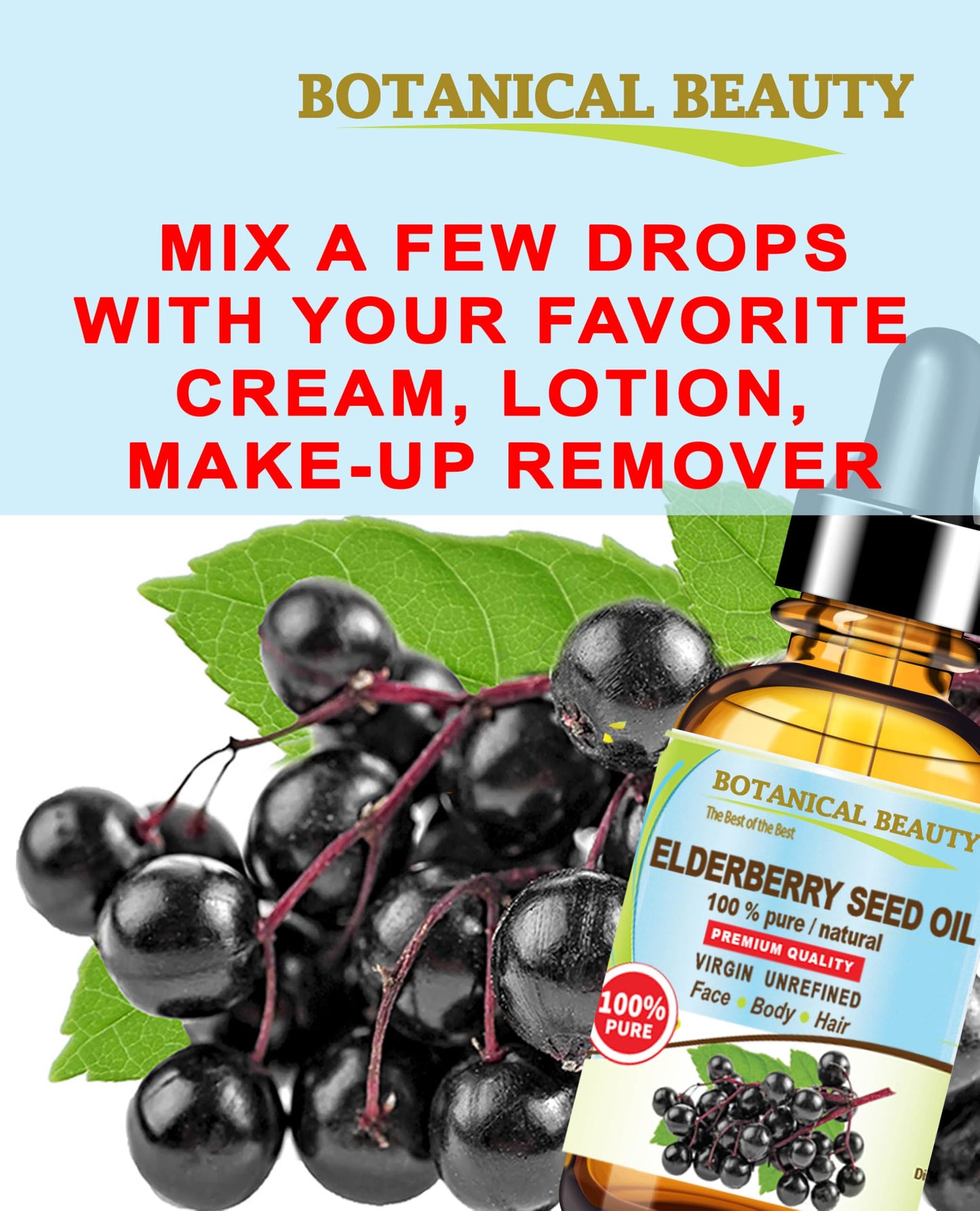 Botanical Beauty Belgian Elderberry Seed Oil Sambucus Nigra 100% Pure Natural Virgin Unrefined Cold Pressed Carrier Oil 0.5 Fl. Oz.- 15 ml for FACE, Skin, Hair, Nails, Anti-Aging. Rich in Vitamin E