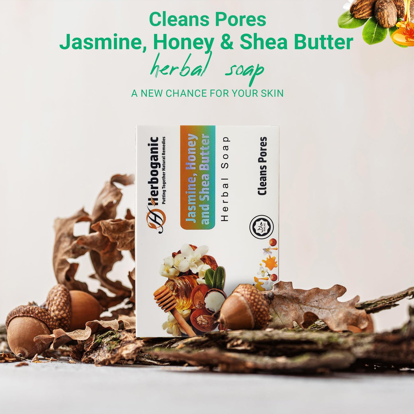 HERBOGANIC Jasmine, Honey and Shea Butter Herbal Soap | Natural Bar Soap for Cleansing Pores | Clarifying and Nourishing | Gentle for Men and Women | 5 Oz (Pack of 1)