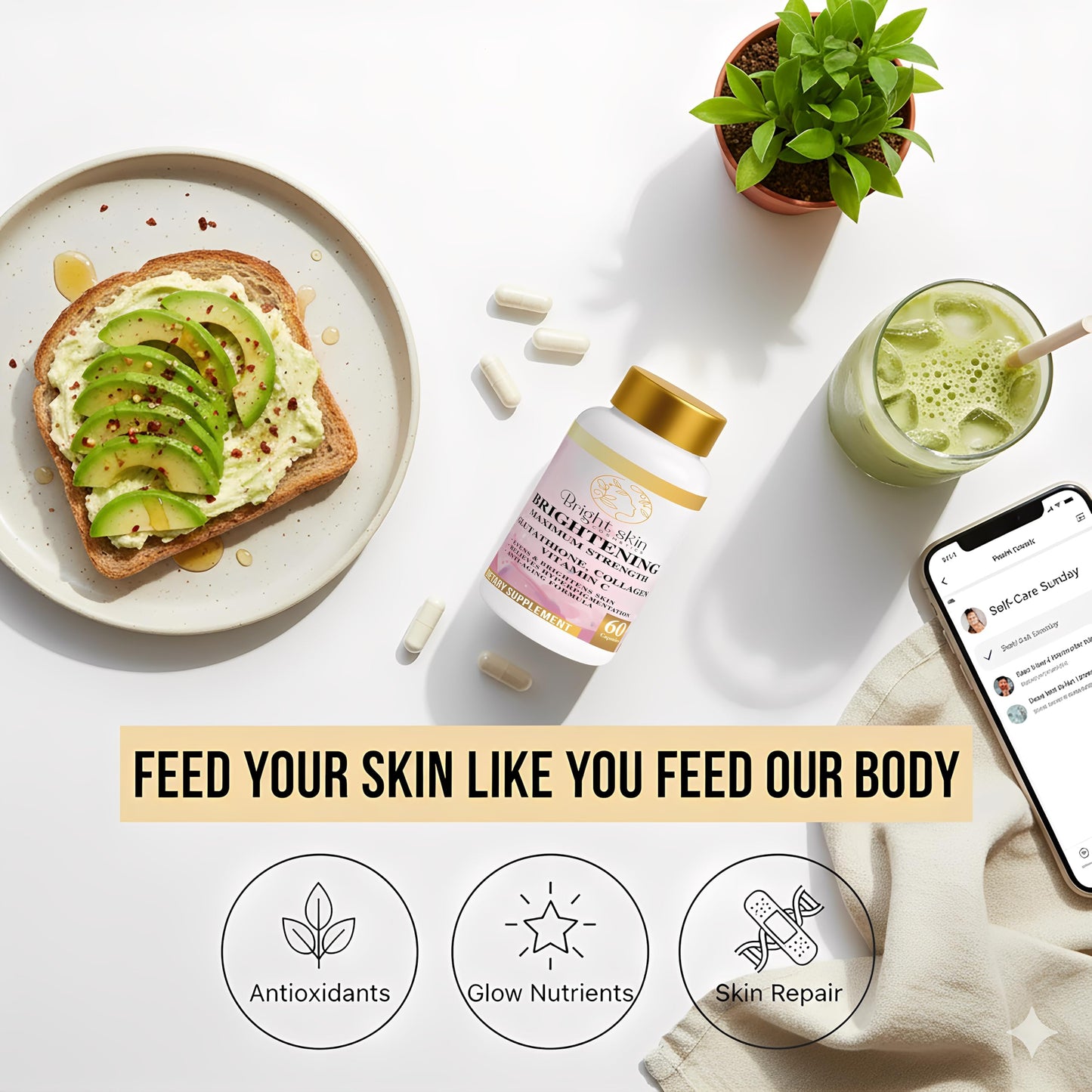 Bright Skin Cosmetics Brightening Supplements with Glutathione, Collagen, and Vitamin C