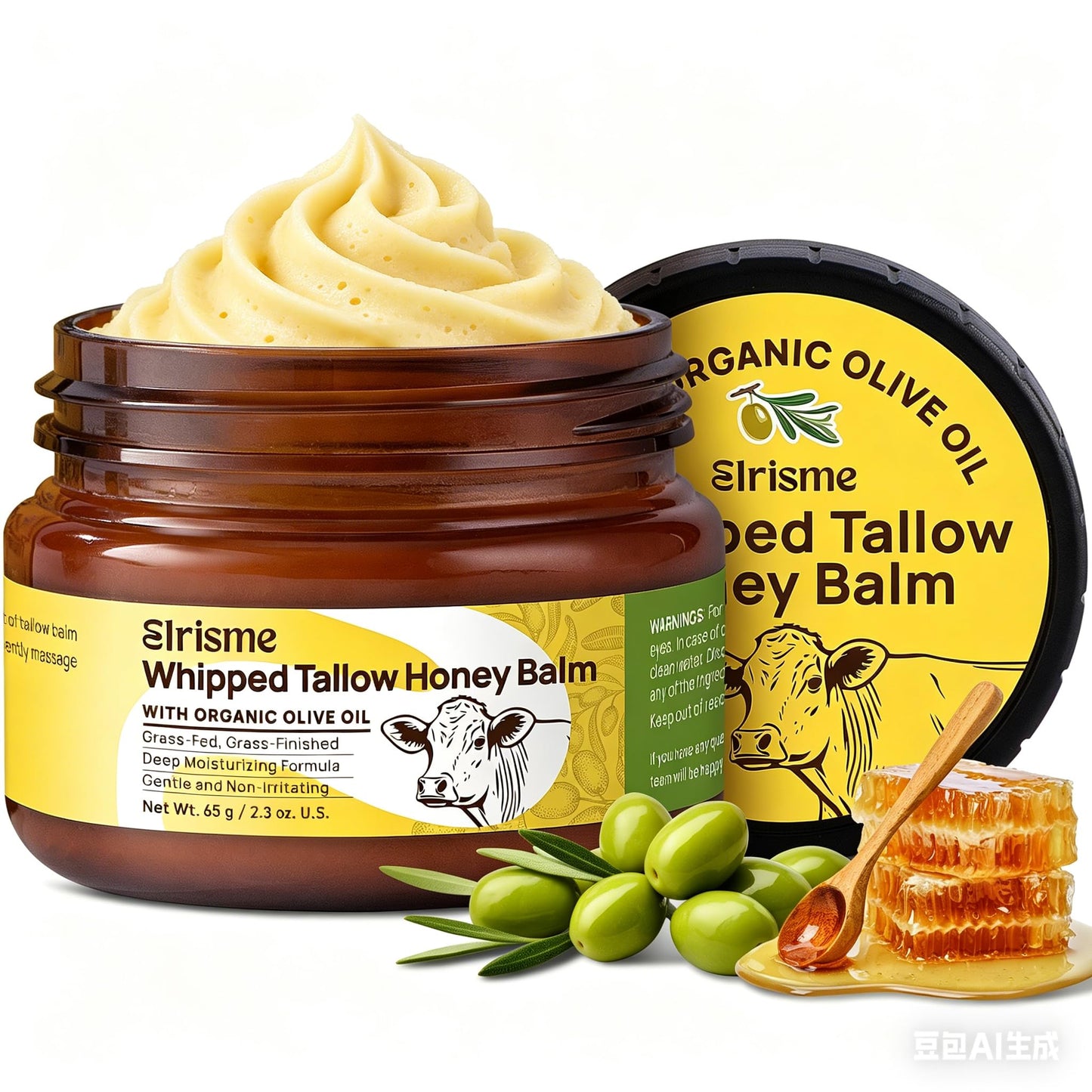 Elrisme Beef Tallow for Face: Grass-Fed Beef Tallow Honey Balm, Whipped Neptune Tallow Honey Balm with Raw Wild Honey, Facial Balm for Deep Hydration, 100% Active, Gentle for Sensitive Skin