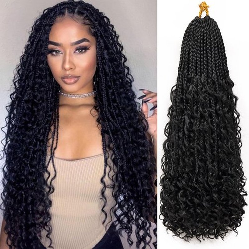 Eerya 8 Packs Boho Box Braids Crochet Hair for Black Women 24 Inch Goddess Box Braids Pre-looped Bohemian Crochet Box Braids With Curly Ends Synthetic Crochet Hair Extensions (24 inch, 1B)