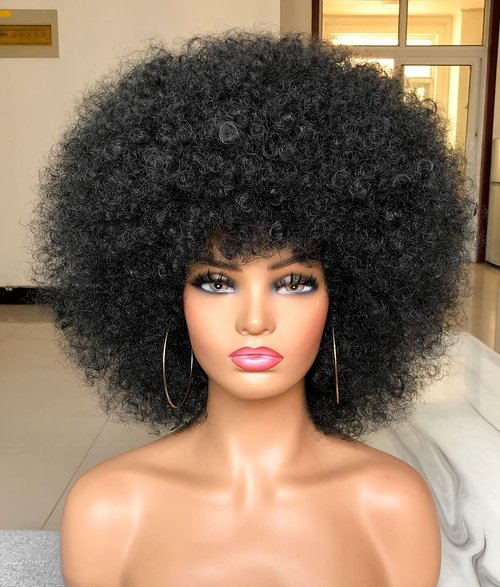 HIHOO Short Afro Wig with Bangs for Black Women Afro Kinky Curly Wig 70s Premium Synthetic Big Afro Wig(Black)