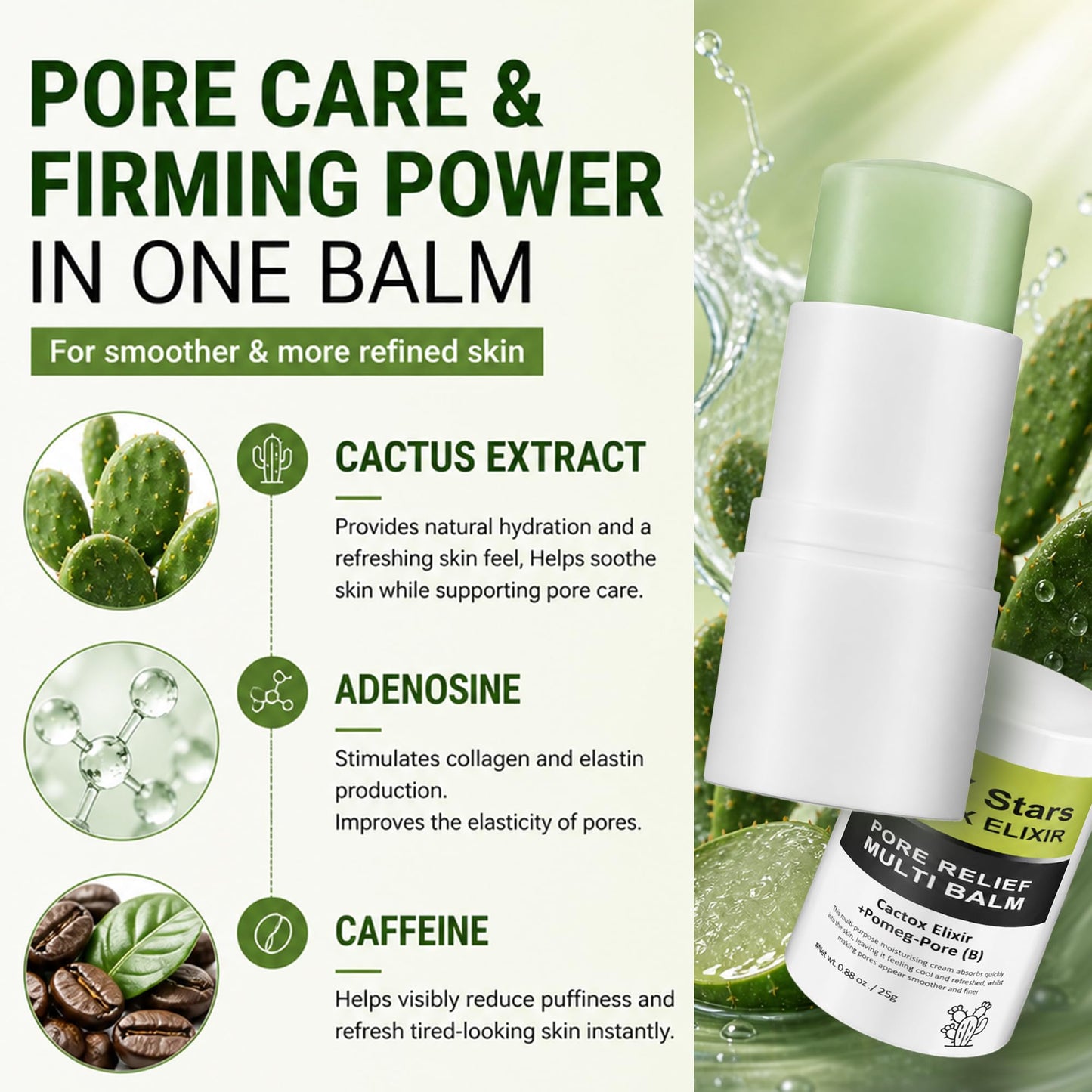 Cactus Pore Relief Multi Balm Stick Instant Cooling & De-Puffing, Helps Reduce the Look of Puffy Skin & Enlarged Pores, Pore Minimizing with Cactus Extract, Face & Eye Skincare Balm Stick - 2 Pack