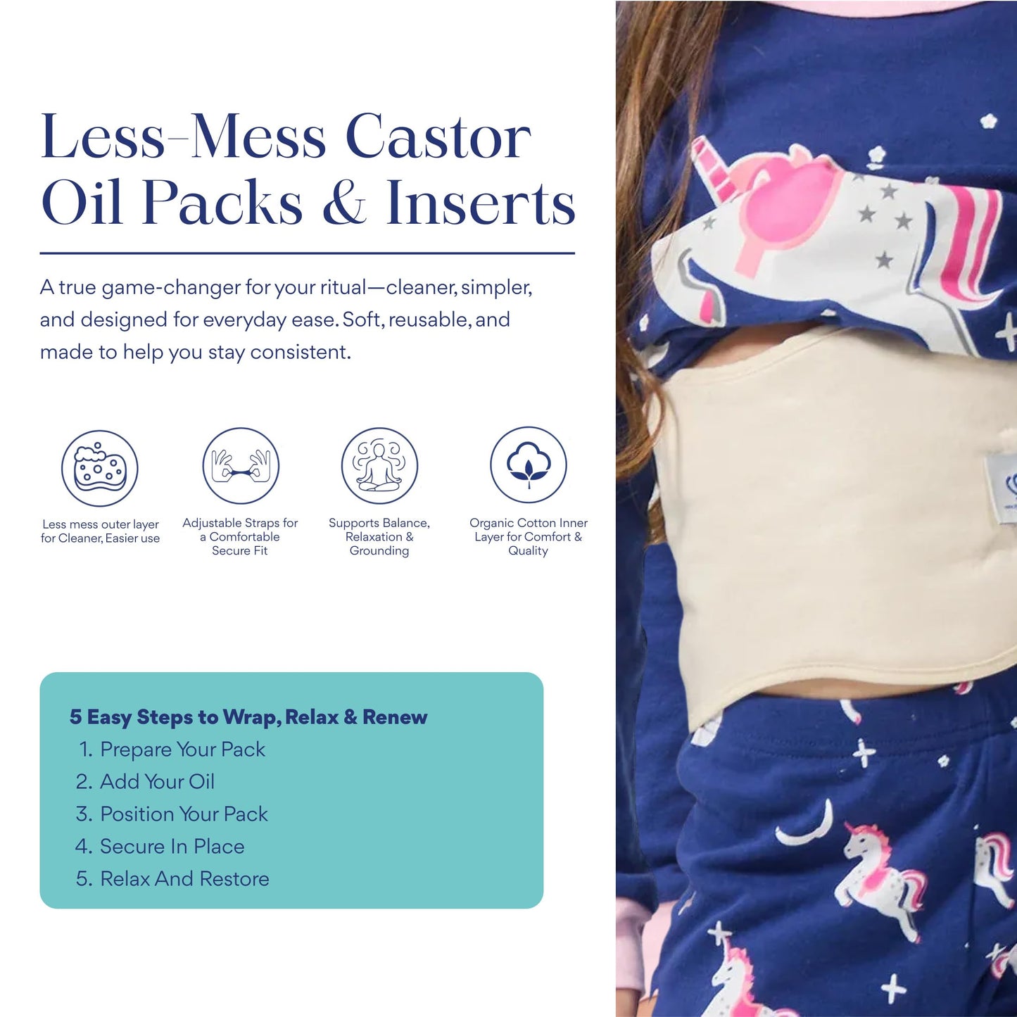 QUEEN OF THE THRONES Castor Oil Pack for Kids - Heatless, Less-Mess, Reusable - Organic Cotton Flannel, Comfort Fit, Soft Straps & Naturopathic Doctor Designed (Castor Oil Sold Separately)