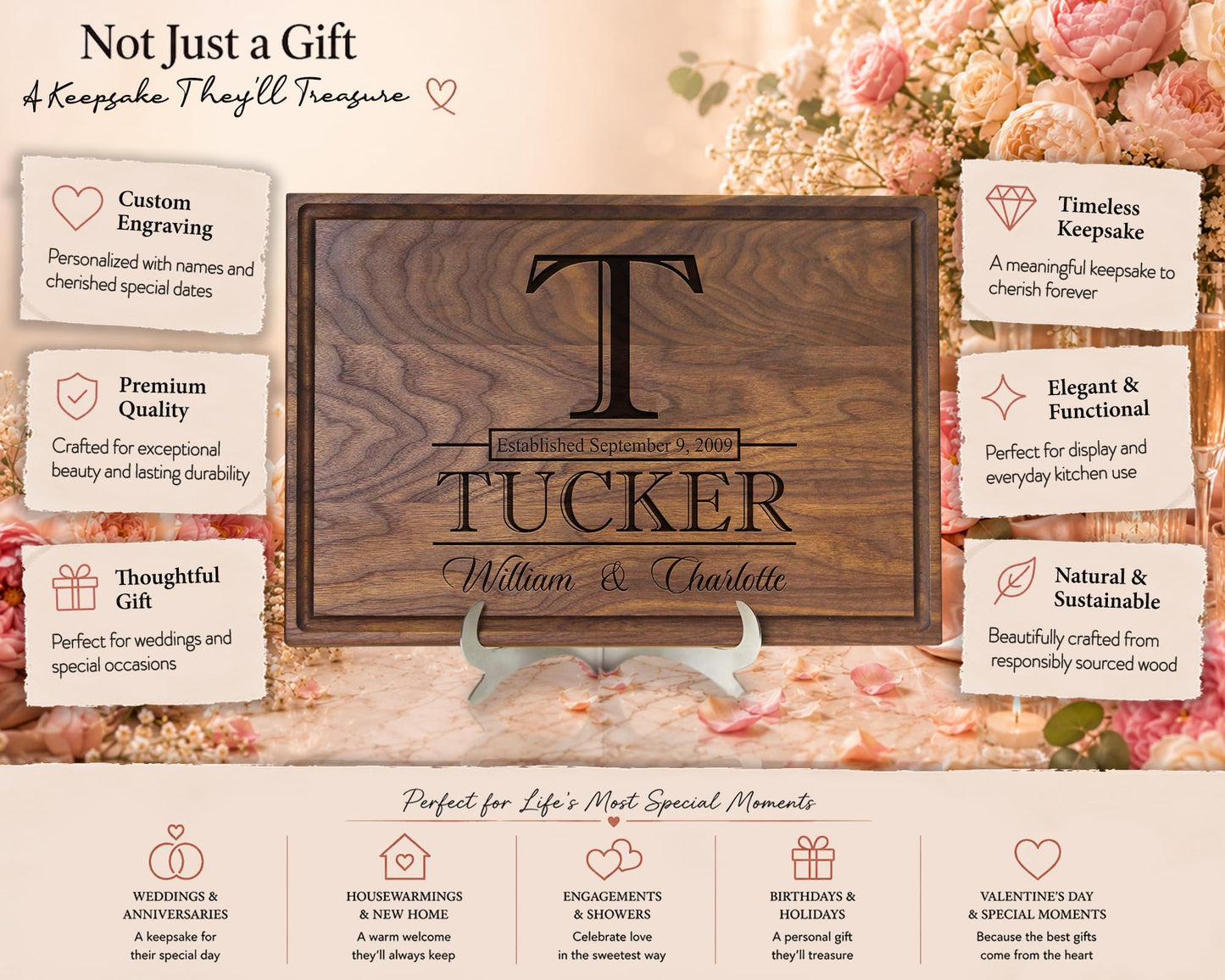 Personalized Cutting Board, Custom Wedding, Anniversary or Housewarming Gift Idea, Wood Engraved Charcuterie, for Couples, Family and Clients (Classic Initial 015)