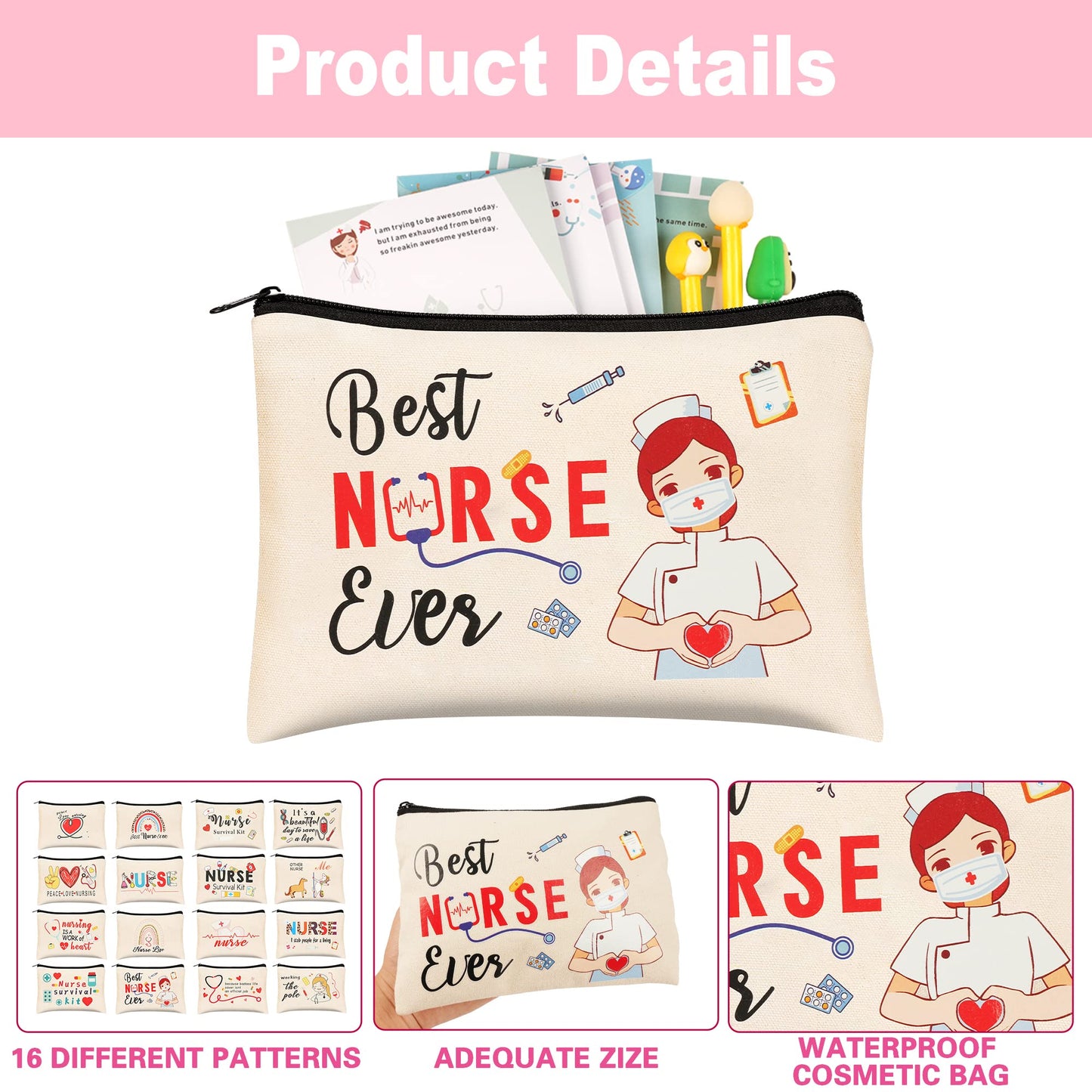 Kolewo4ever 16 Pieces Nurse Survival Kit Nurse Practitioner Gifts Nurse Appreciation Gifts CNA Week Gifts Nursing Makeup Bags Cosmetic Funny Travel Pouch Bag for Women Nurses