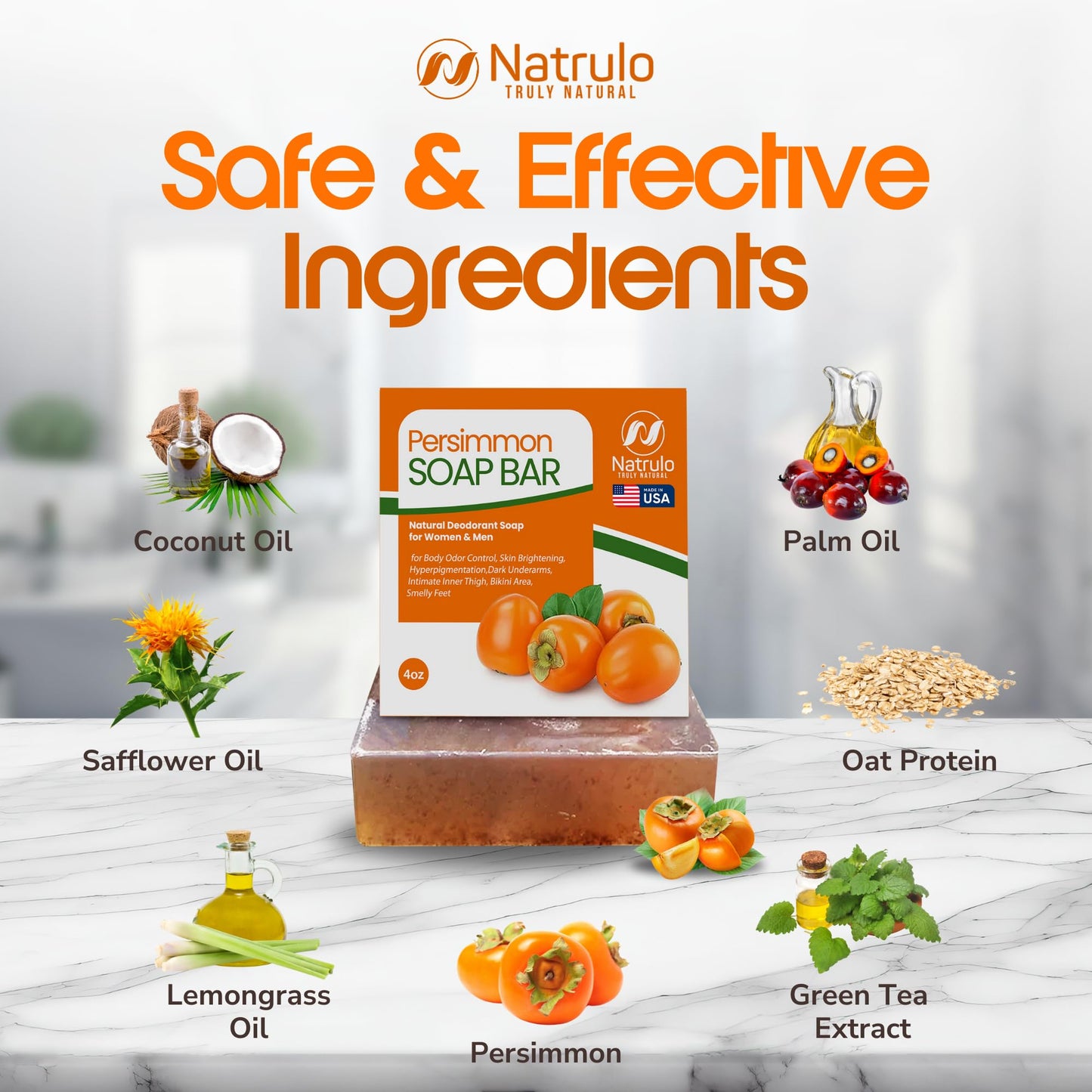 Natrulo Persimmon Soap Bar for Body Odor Control – Purifying Deodorizing Body Wash with Japanese Persimmon & Green Tea Extract for Eliminating Body Odor – Deodorant Soap for Skin Cleansing