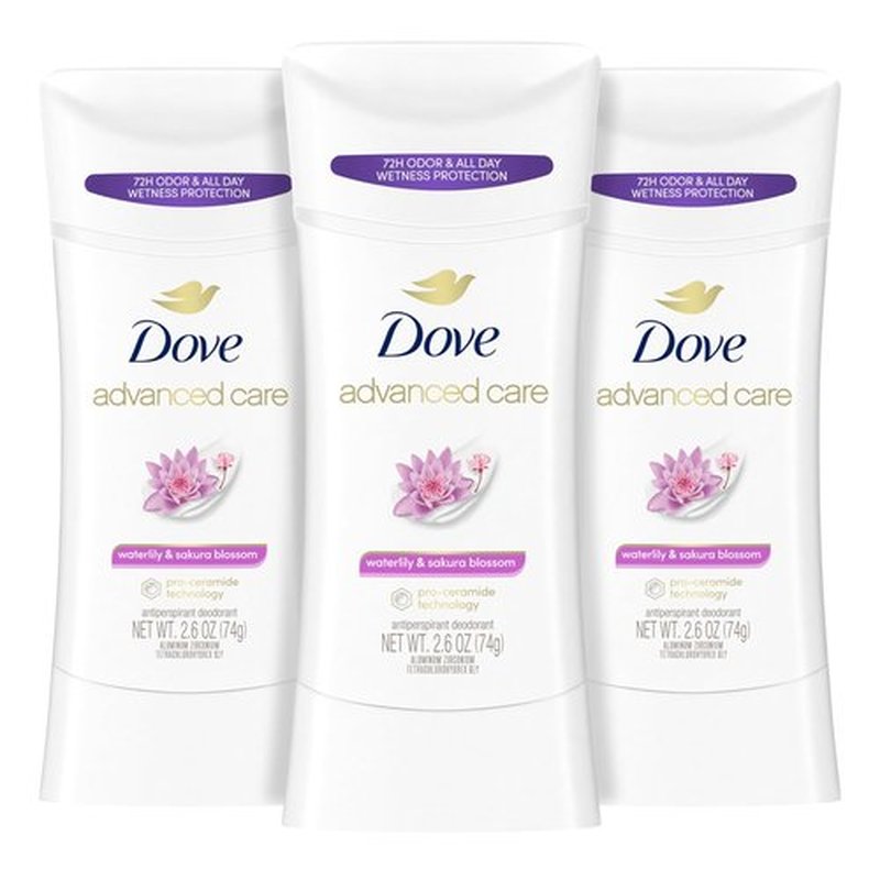 Dove Advanced Care Antiperspirant Deodorant Stick Waterlily & Sakura Blossom 3ct For underarm care with Pro Ceramide technology with 72-hour odor control and sweat protection for soft underarms