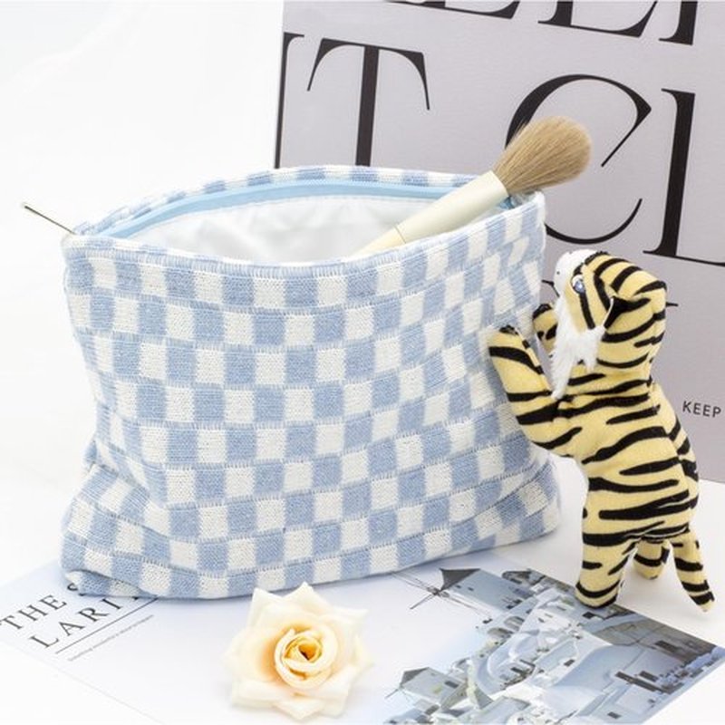 PAZIMIIK Knit Checkered Makeup Bag Large Zipper Make Up Accessory Pouch for Purse Cosmetic Brush Bag for Travel Essential,Blue