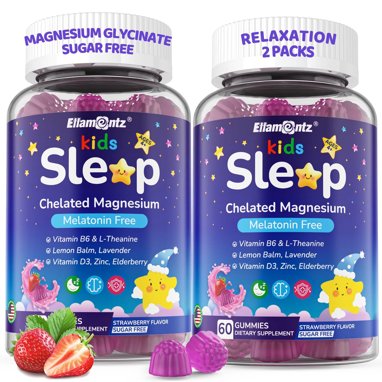 Kids Sleep Gummies, NO Melatonin Sleep Aid Gummies w/ Magnesium Glycinate, Magnesium Malate, L-Theanine, Lavender, B6, Zinc, D3K2 for Restful Sleep, Relax Brain & Muscle, Immune Support, Non-GMO 2Pack