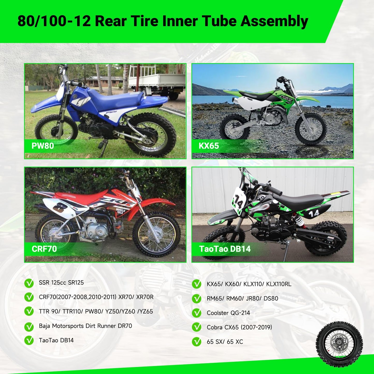 XIKOBY 12'' Rear Wheel 80/100-12 3.00-12 Dirt Bike Tire and Inner Tube Assembly for 110cc 125cc SSR SR125 CX65 TaoTao DB14 Coolster QG-214 with Brake Rotor 428 41T Chain Sprocket