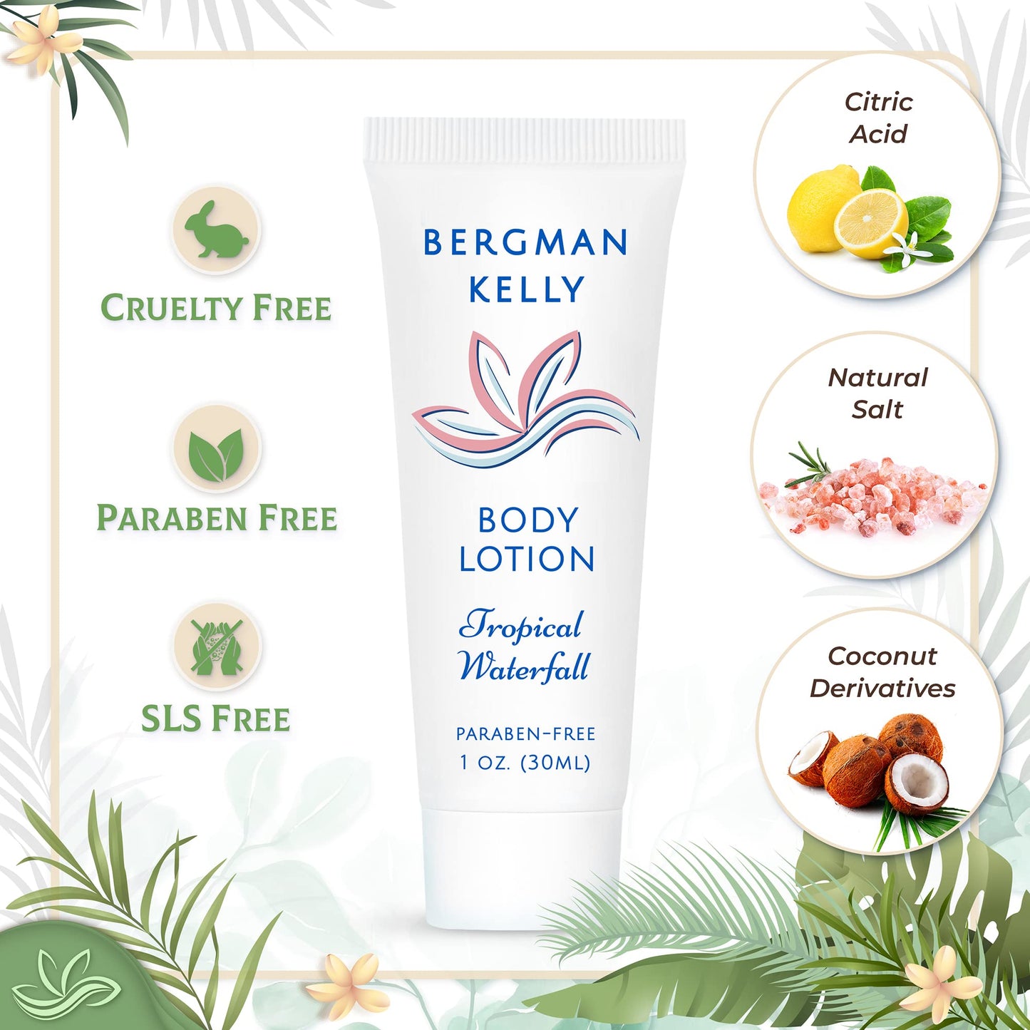 Bergman Kelly - Hotel Toiletries Bundle - Tropical Waterfall, 1 oz each, 100 Pieces - 4-Piece Set: 25 Round Bar Soap, 25 Shampoo, 25 Conditioner & 25 Body Lotion - Bulk Mini Guest Amenities Supply