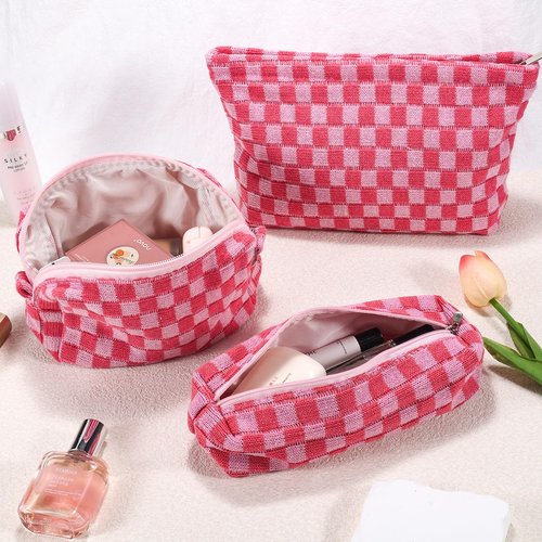 ZLFSRQ 3Pcs Checkered Makeup Bag for Women Large Cosmetic Bag Set Travel Toiletry Bag Makeup Pouch Bag for Purse Pink Zipper Storage Bag Organizer Cute Small Aesthetic Girls Car Essentials Bag