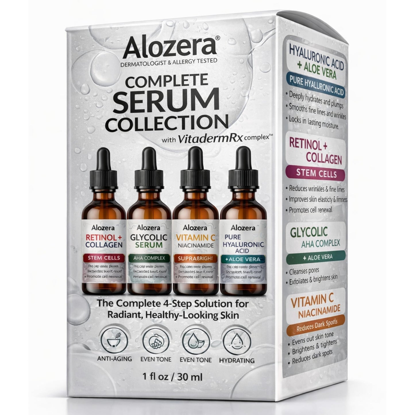 Alozera Face Serum Set of 4 with Retinol, Collagen, Vitamin C, Niacinamide, Hyaluronic Acid & Glycolic Acid, Exfoliating, Hydrating, Brightening, Anti-Aging Skincare, Serum Gift Pack of 4