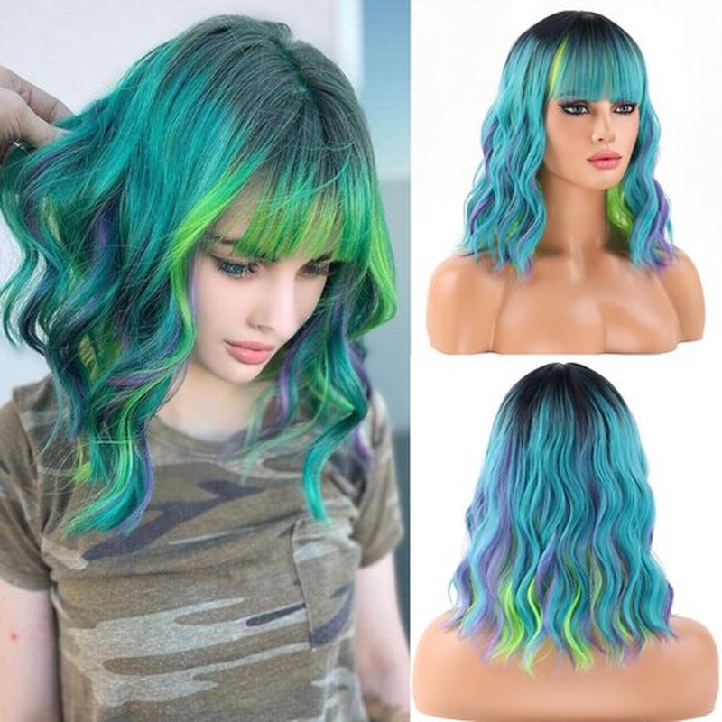 BERON 14 Inches Green Wig for Women Girls Green Purple Wig with Bangs Short Curly Wig Green Mix Purple Wigs