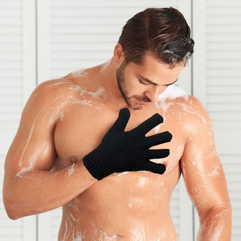 CLEEDY Bath Exfoliating Gloves Scrub - 4 Pcs Lengthened and Large Exfoliating Scrubbing Gloves for Shower, Spa, Massage - Scrub Exfoliating Mitts for Body, Face, Hand and Foot (Black and Gray)