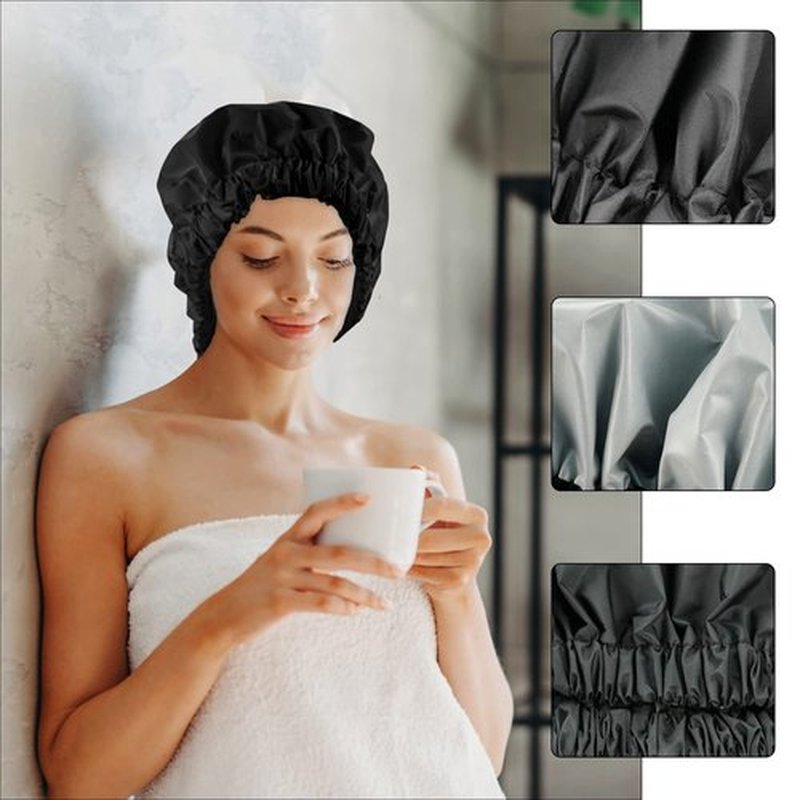 Reusable Shower Cap for Women, Large Waterproof Shower Bonnet Washable Elastic Band Bath Hair Hat for Long Hair, Braids(Black&Gray)