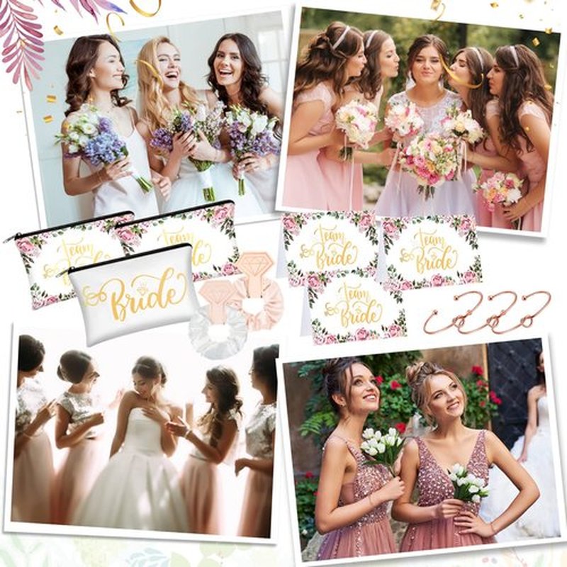 63 Pcs Bridesmaid Proposal Gifts Bulk Maid of Honor Gifts Matron of Honor Gifts Brides Bridesmaid Cosmetic Makeup Bag Hair Knotted Bracelets Invitation Cards for Wedding Bachelorette (Floral Style)