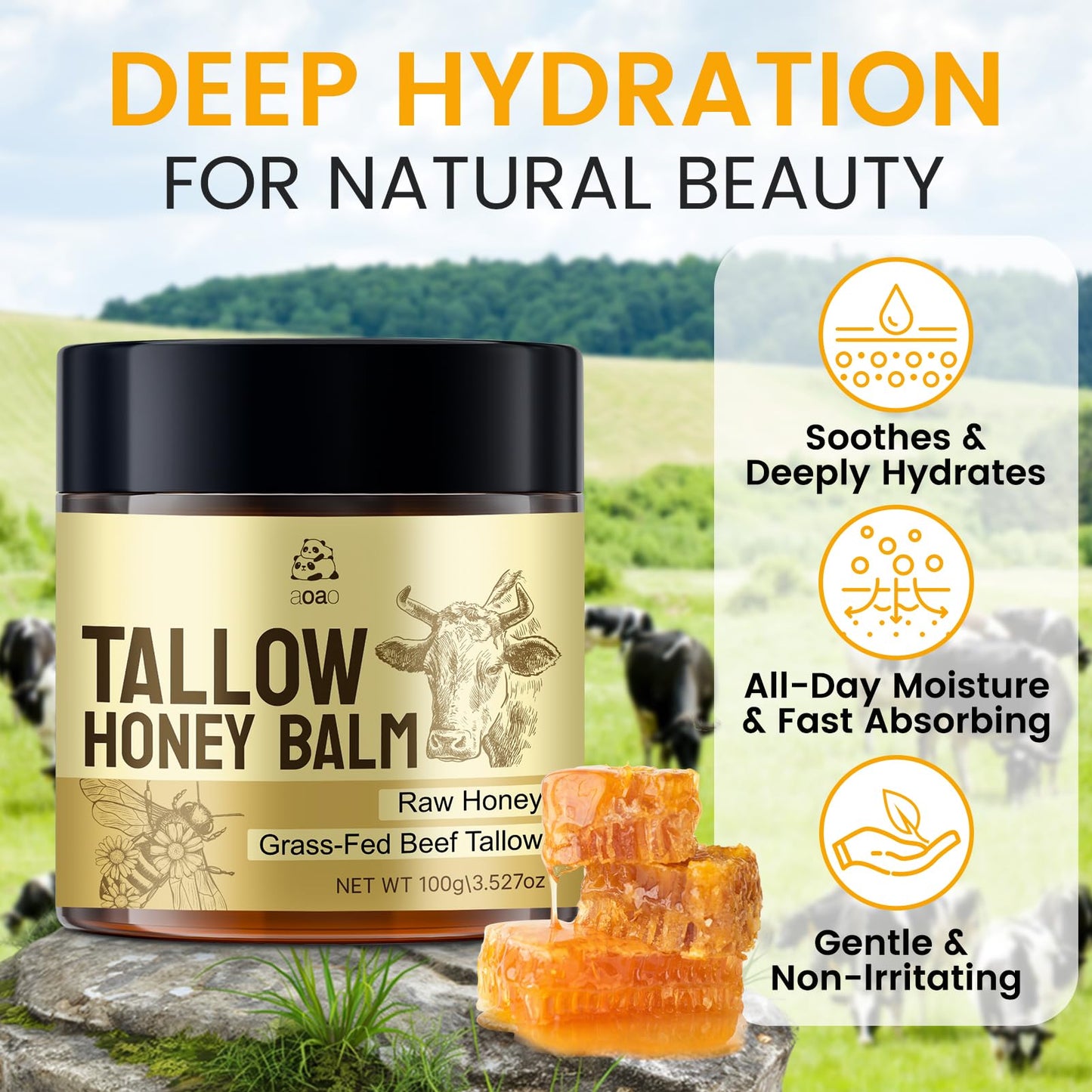 AOAO Tallow Honey Balm for Face & Body, Moisturizer with Organic Grass-Fed Beef Tallow & Raw Wild Honey, Not Diluted, Natural Hydration, Soothes & Nourishes Dry, Sensitive skin, 3.53oz