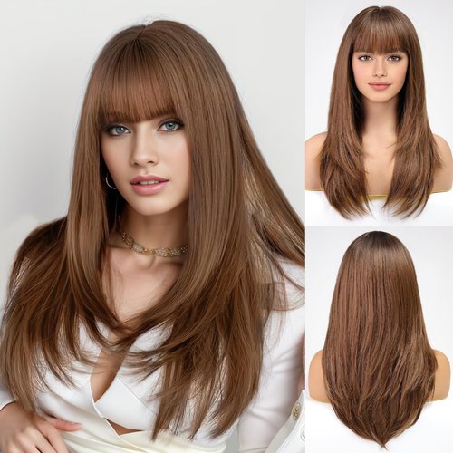 EMMOR Brown Wig With Bangs For Women Long Straight Layered Wigs Synthetic Layered Hairstyle For Girls Party Cosplay And Daily Use(26" Brown)