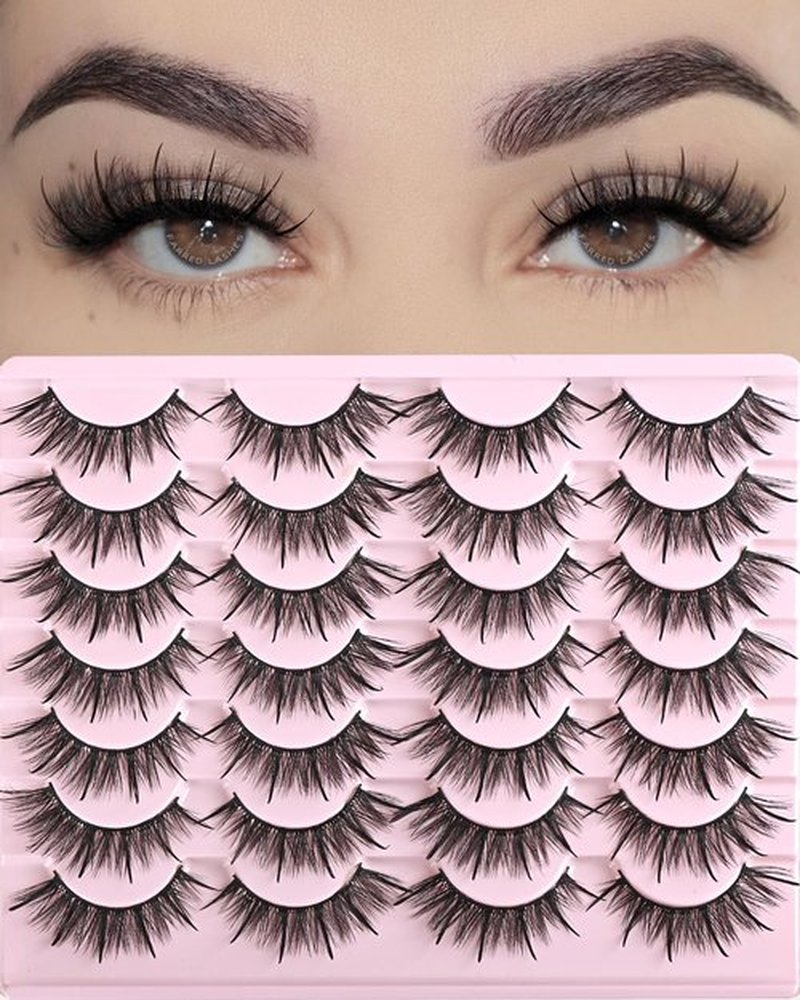 FARRED Wispy Lashes Hybrid Mink Eyelashes 14 Pairs Short Cat Eye Natural Lashes Fluffy False Eyelashes Faux Mink Strip Eye Lashes Pack for Daily Makeup (F17 | 8-16 mm)