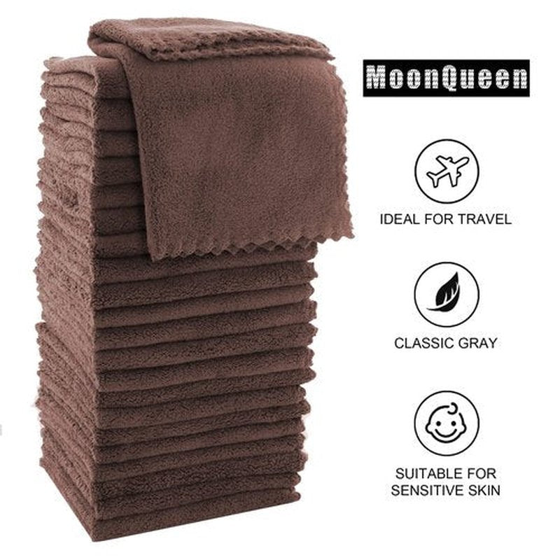 MOONQUEEN Ultra Soft Premium Washcloths Set - 12 x 12 inches - 24 Pack - Quick Drying - Highly Absorbent Coral Velvet Bathroom Wash Clothes - Use as Bath, Spa, Facial, Fingertip Towel (Wood Brown)