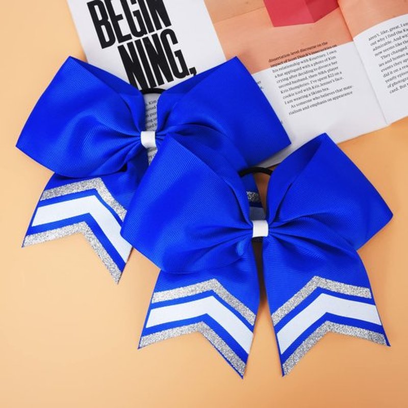DEEKA 8PCS Large Glitter Cheer Bows Shiny 7" Cheer Hair Bows Ponytail Holder Handmade for Cheerleader Girls Softball Sports -Royal Blue/g Silver