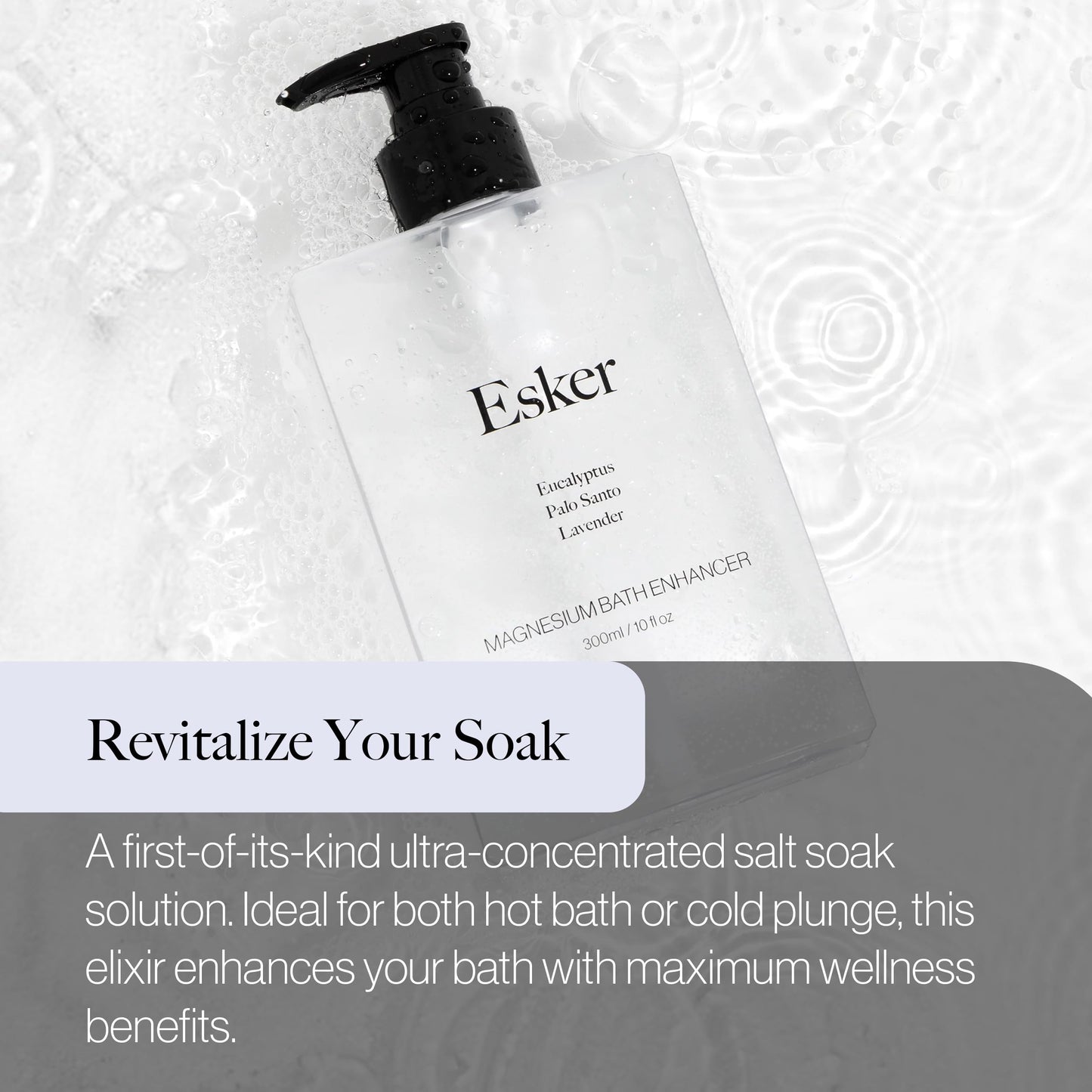 Esker Magnesium Bath Enhancer | Sea Salt Elixir with Exfoliating Body Scrubber Effect | Lymphatic Drainage Massager Soak | 10 oz 300 ml