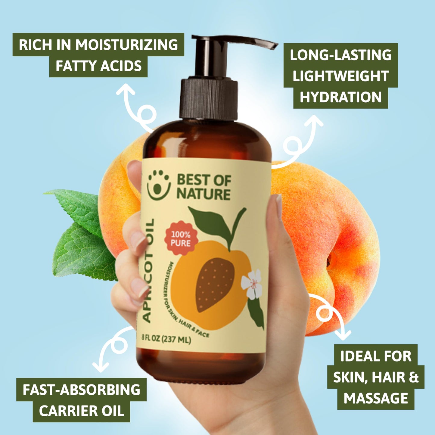 Best of Nature 100% Pure Apricot Kernel Oil – Lightweight Unscented Massage & Body Oil for Skin, Face & Hair – Carrier Oil for Essential Oils & Aromatherapy – 8 fl oz