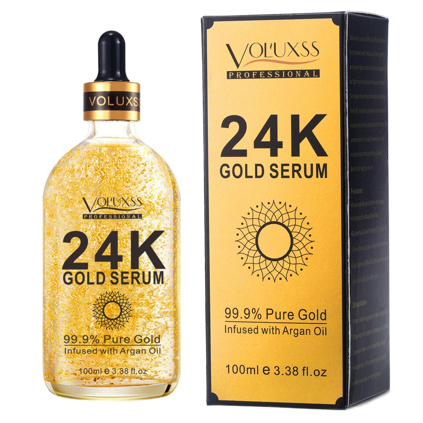 Voluxss 24K Gold Serum for Face,Skin Brightening Anti Aging Face Serum Moisturizer with Vitamin C,Hyaluronic Acid & Argan Oil for Dark Spots & Fine Lines,Korean Skin Care Glow Collagen Booster