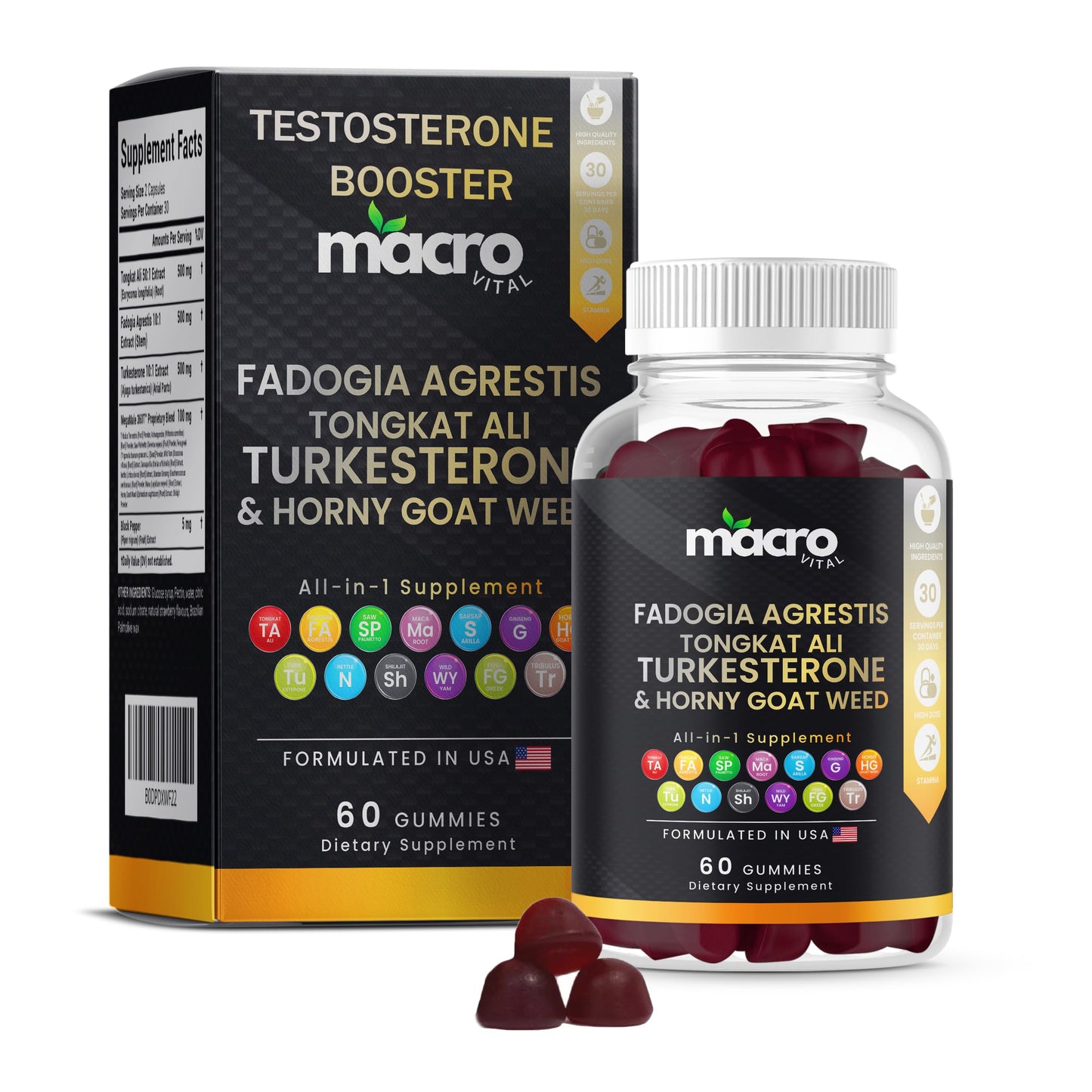 MACRO VITAL Testosterone Booster for Men Gummies [Fast-Max Absorption] Masculinity Boost, Turkesterone, Tongkat Ali, Horny Goat Weed, Maca Root, Tribulus,Testo Gummies 60Ct