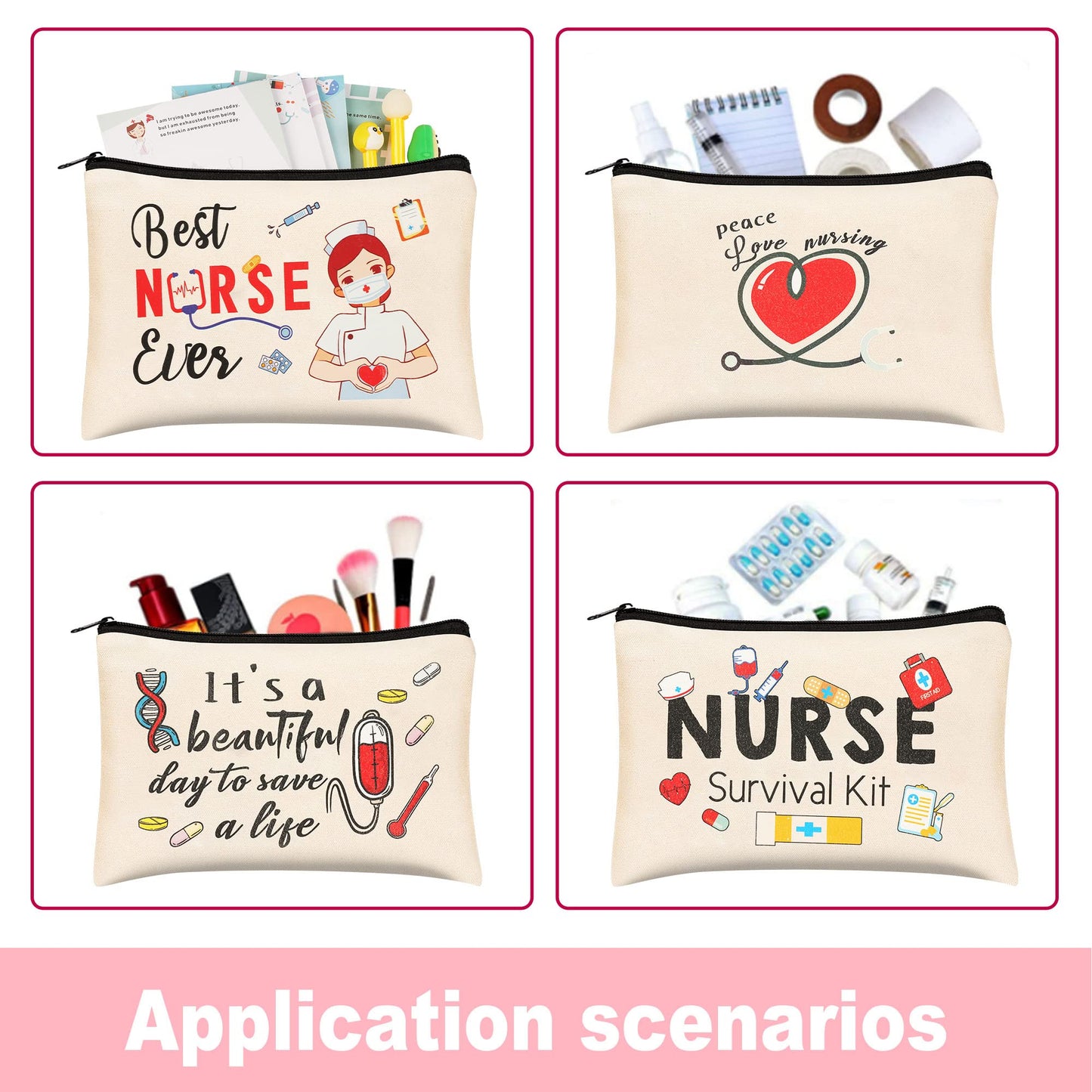 Kolewo4ever 16 Pieces Nurse Survival Kit Nurse Practitioner Gifts Nurse Appreciation Gifts CNA Week Gifts Nursing Makeup Bags Cosmetic Funny Travel Pouch Bag for Women Nurses