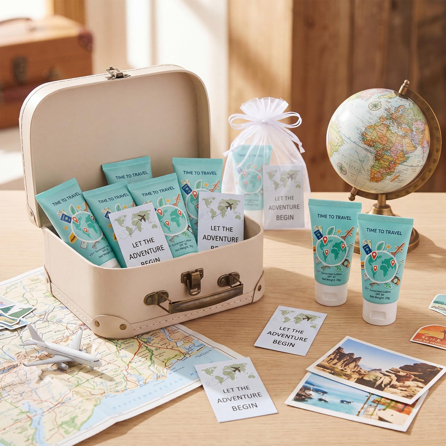 Leelosp 24 Sets Travel Themed Mini Sunscreen Bulk Gift for Adventure Begin Bon Voyage Around the World Favors SPF 30 Water Resistant Sunscreen Lotion 1 Oz Graduation Retirement Gift