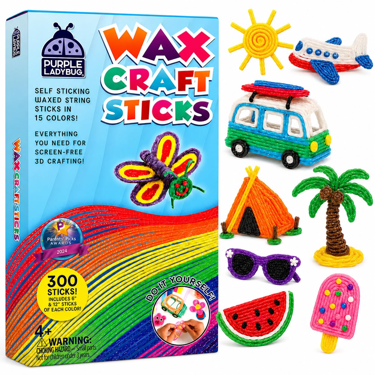 PURPLE LADYBUG 300 PCS Bendable Wax Craft Sticks in 2 Lengths - 6" and 12" Strips in 15 Colors Each, Mess-Free Road Trip Activity for Kids, Travel Toys for Car & Airplane for Kids Ages 4+