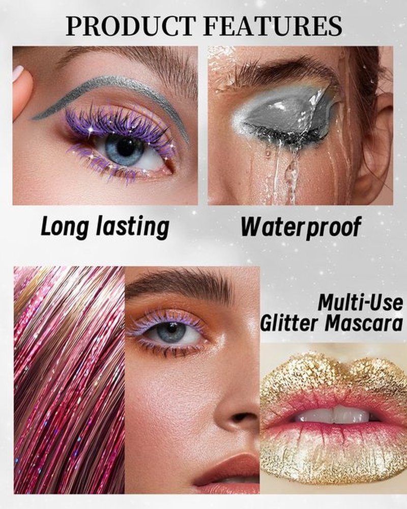 Glitter Mascara and Eyeliner Set, Diamond Sparkle Effect, Lengthening Volumizing Shimmer Colored Mascara for Eyelash, Waterproof Metallic Glitter Eyeliner Liquid, Women Cosplay Party Eye Makeup-Silver